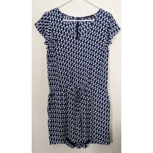 Rose & Olive Blue Floral Short Romper Jumpsuit with Bell Sleeve, Women Size M